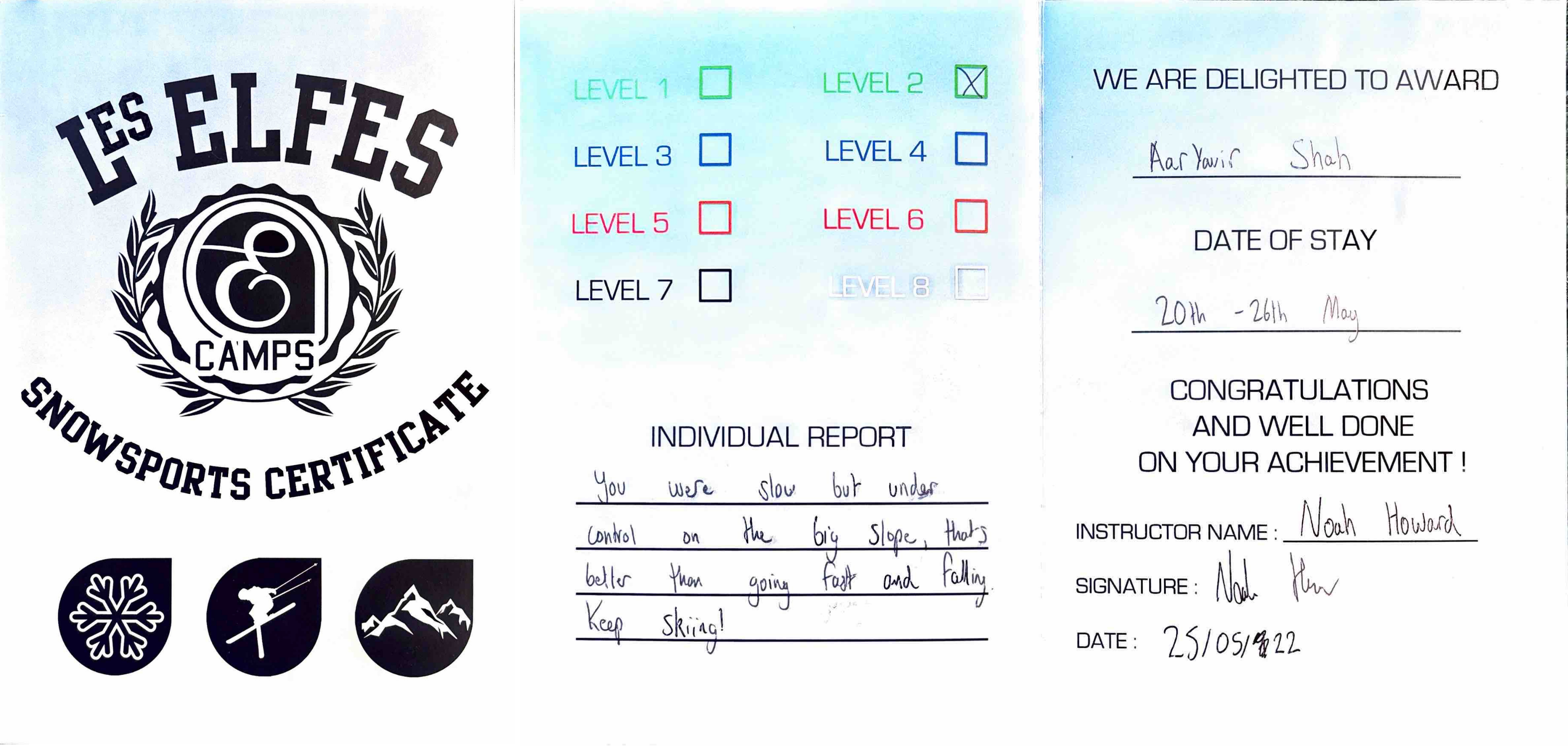 Les Elfes Camps Snowsports Certificate 2022