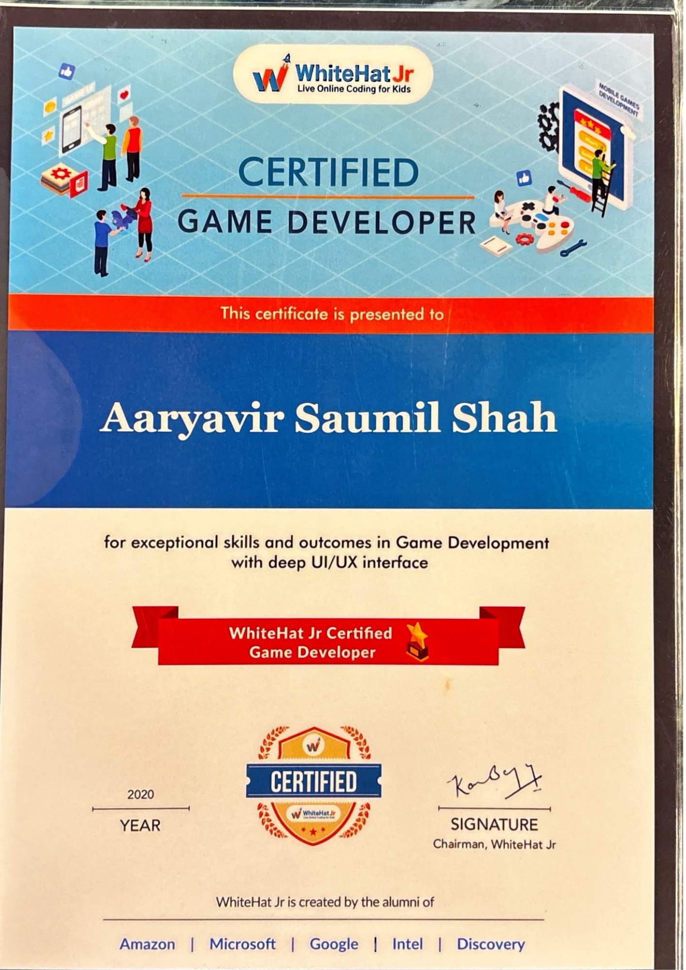 WhiteHat Jr Certified Game Developer 2020
